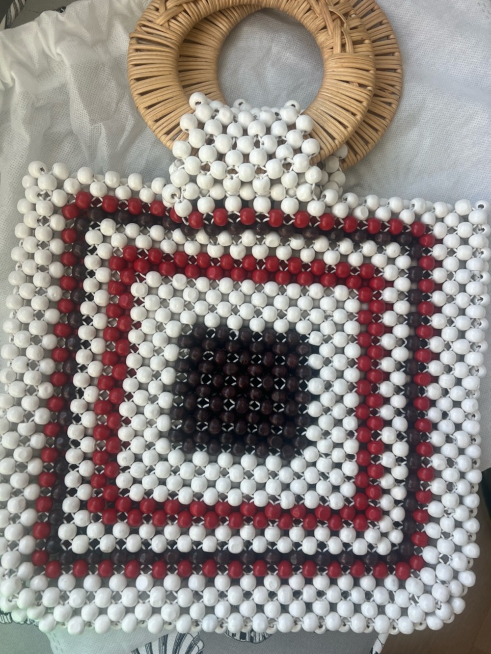 Beaded Square Tote with Wood Handle - White, Red, Blue perfect for summer partie